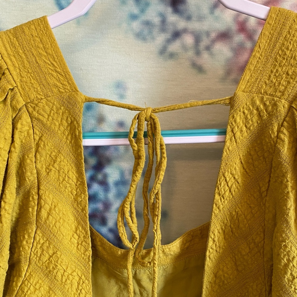 Free People chartreuse Mini Dress puff sleeves pockets open back square neckline - Picture 10 of 14